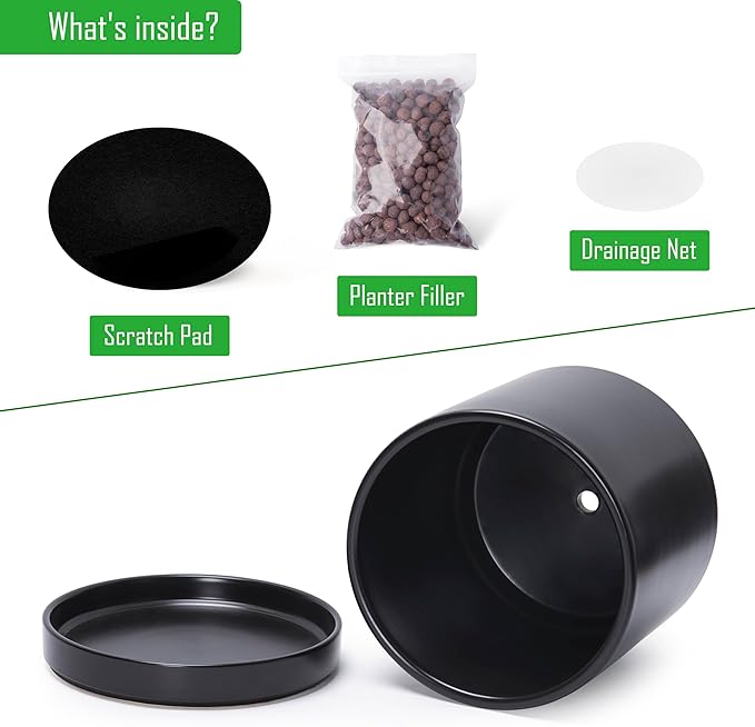 D'vine Dev 8.2 Inch & 10 Inch Ceramic Planter Pot for Plants with Drainage Hole and Saucer, Large Plant Pots Set, Black, 94-G-L-2