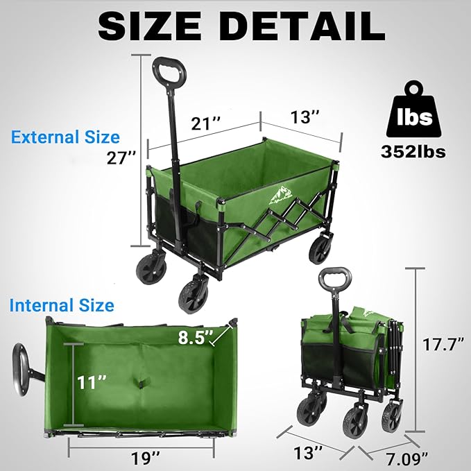 Collapsible Wagon 352LBS Capacity, Foldable Large Wagons Carts, Heavy Duty Outdoor Folding Wagon with All-Terrain Wheels, Utility Garden Beach Wagon with Storage Bag Green