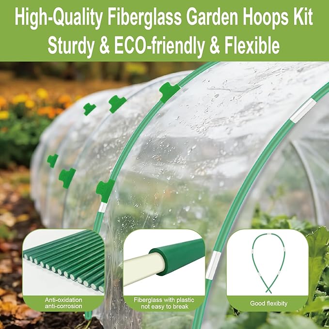 60PCS Garden Hoops for Raised Beds, 8FT Rust-Free Fiberglass Greenhouse Hoops, DIY Frame Stake to Create Grow Tunnels, Plant Support Row Covers & Garden Netting, 40Pcs Clips