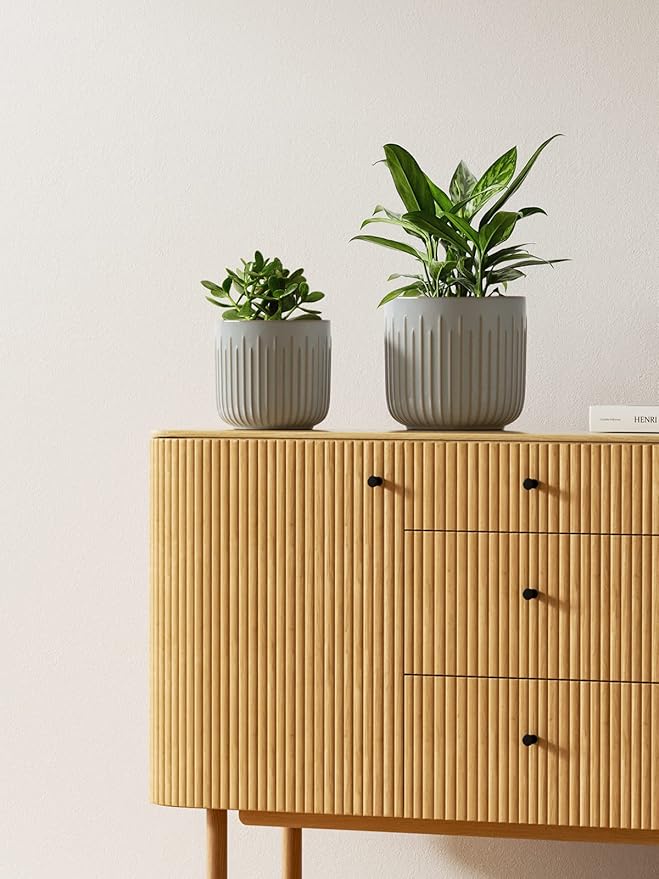 LE TAUCI Fluted Ceramic Pots for Plants, 8.3/7/6 Inch Indoor Planters with Drainage Holes & Mesh, Modern Glossy Glaze Cylinder Plant Pot for Snake Plant, Set of 3, Mist Gray