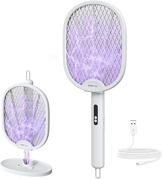 BALDR Electric Fly Swatter Racket, Foldable 2 in 1 Bug Zapper 3000V Powerful Mosquito Killer with Purple Attractant Trap Lamp, 1200mAh Type-C Rechargeable for Indoor Home Office Patio Camping