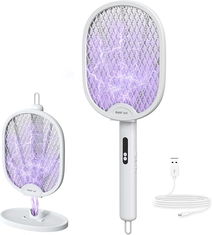 BALDR Electric Fly Swatter Racket, Foldable 2 in 1 Bug Zapper 3000V Powerful Mosquito Killer with Purple Attractant Trap Lamp, 1200mAh Type-C Rechargeable for Indoor Home Office Patio Camping