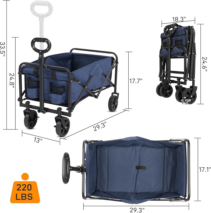 Collapsible Foldable Wagon with 220lbs Weight Capacity,Heavy Duty Folding Utility Garden Cart with All-Terrain Beach Wheels & Drink Holders for Grocery Outdoor Beach Gardening Shopping (Blue)
