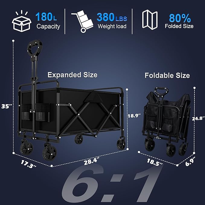 Collapsible Wagon Cart- 380LBS,Folding Beach Utility Wagon,Portable Utility Grocery Cart for Beach, Camping, Garden, Shopping, Transport