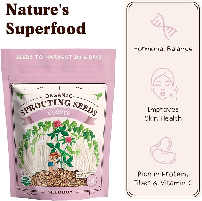 Seedboy Organic Non-GMO Clover Seeds for Sprouting - USA Grown Microgreens Sprouting Seeds - 8 oz Bag Makes 8 Quarts / 24 Servings (Red Clover)