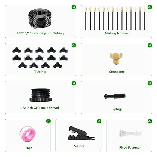 40FT Drip Irrigation System for Garden – Automatic Watering Kit with Solid Brass Metal Connectors, 360° Bendable Tubing & 14 Adjustable Nozzles for Greenhouse, Lawn, Yard & Plants