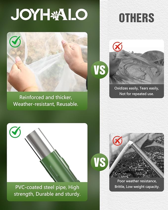 joyhalo Garden Netting for Raised Beds, 6 Sets Garden Hoops with for Raised Beds 10x20 Ft Garden Net, Bird & Cicada Net for Trees, Garden Mesh Netting for Greenhouse, Vegetable, 18 Clips Included