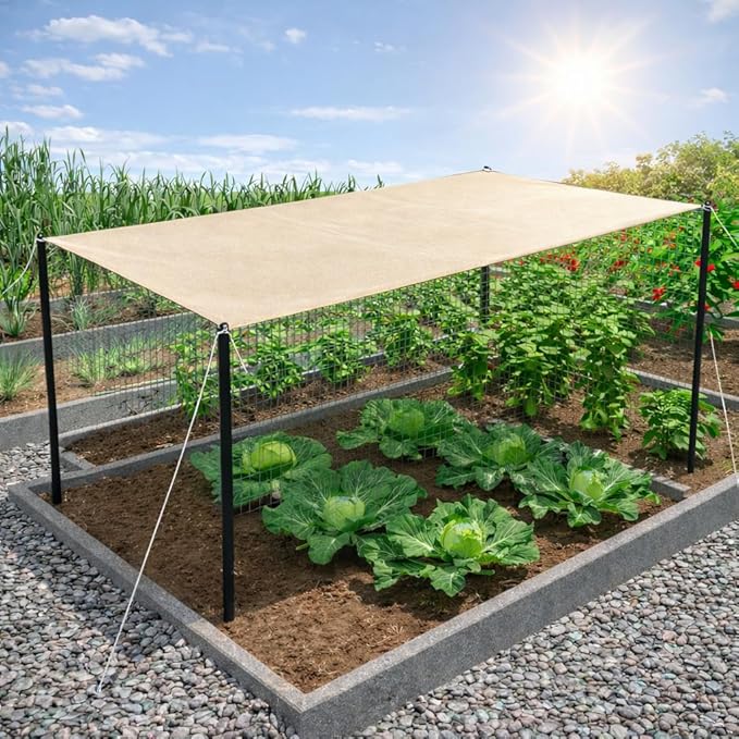 4-Pack of Posts and A Sunshade Cover for Plants – 50% Shade Cloth with Stainless-Steel Grommets for Garden Sun Shade, Greenhouse, Chicken Coop, Dog Kennel (Custom Size 6' x 12')