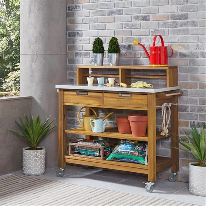 Traditional Acacia Wood Potting Bench, Brown Teak Finish, Galvanized Steel Top, 2 Shelves, 2 Drawers, Locking Casters, Towel Bars, Outdoor Garden Storage and Workspace