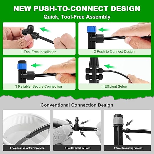 230FT Quick-Connect Drip Irrigation System Kit with 1/4” & 1/2” Fast-Lock Tubing, Adjustable Emitters & Sprinklers for Garden & Greenhouse