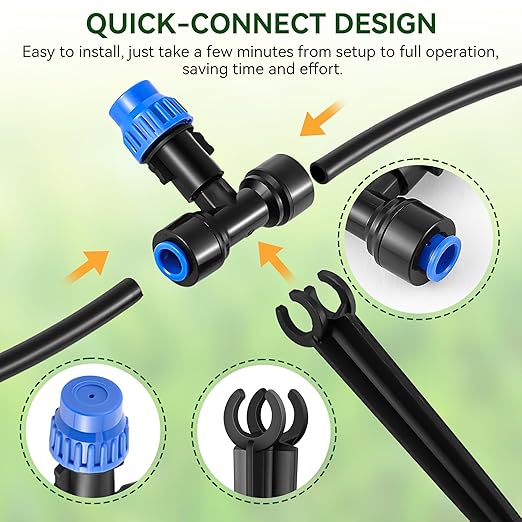 Meonum 65FT Greenhouse Watering System, Quick Connector Hanging Plant Watering System Automatic Mist Irrigation Kit with 1/4'' Blank Tubing, Two way Faucet Connector, Adjustable Misting Nozzle(1 Pack)