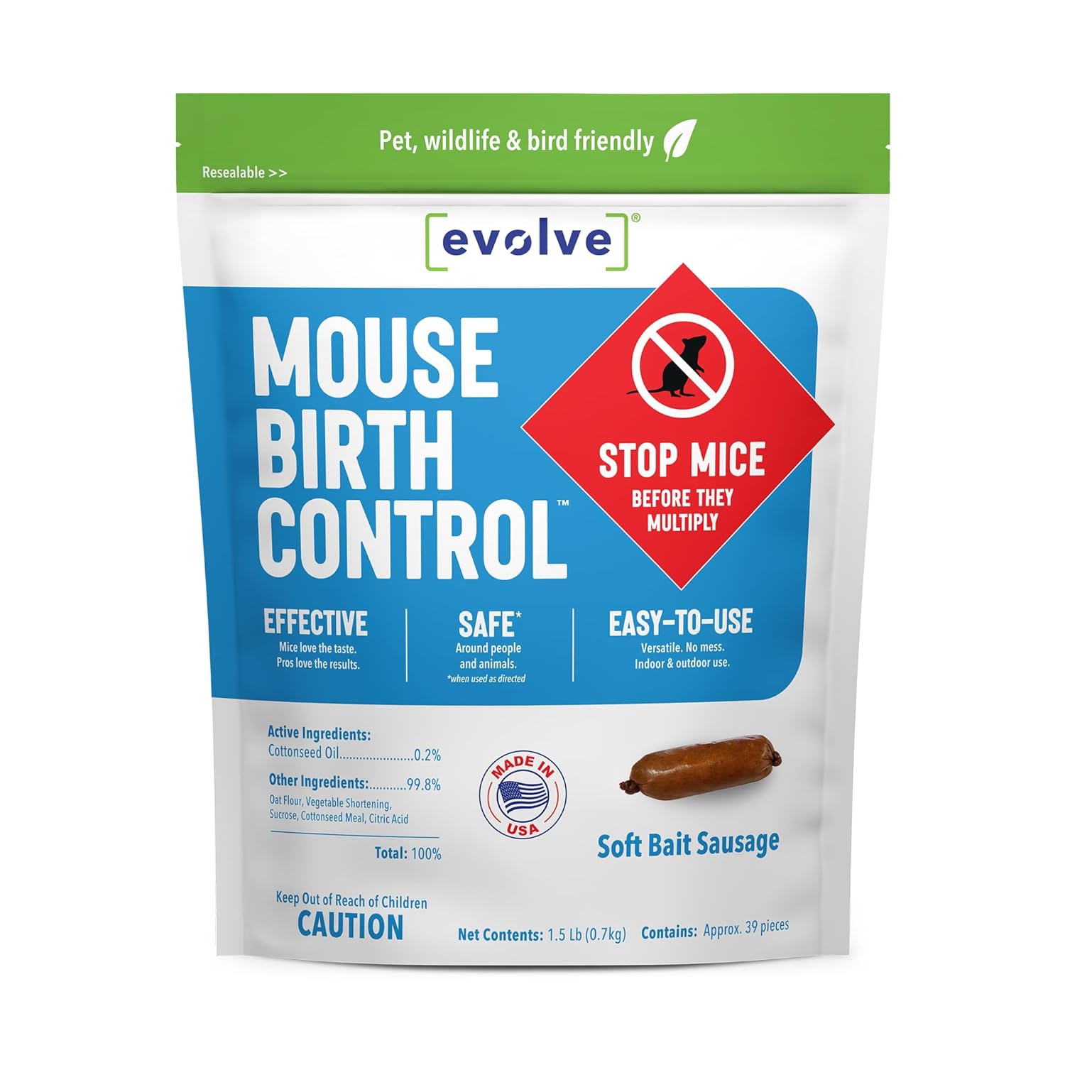 Evolve Mouse Birth Control Soft Bait Sausages – 1.5 lbs | Scientifically Proven Mouse Population Control | Not a Poison, Long-Term Population Management