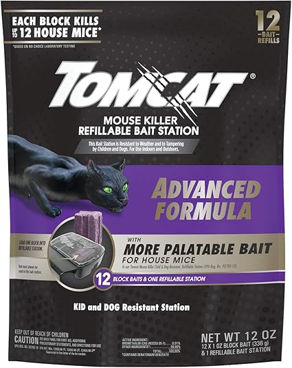 Tomcat Mouse Killer Refillable Bait Station with Advanced Formula Bait, 1 Station and 12 Poison Block Refills