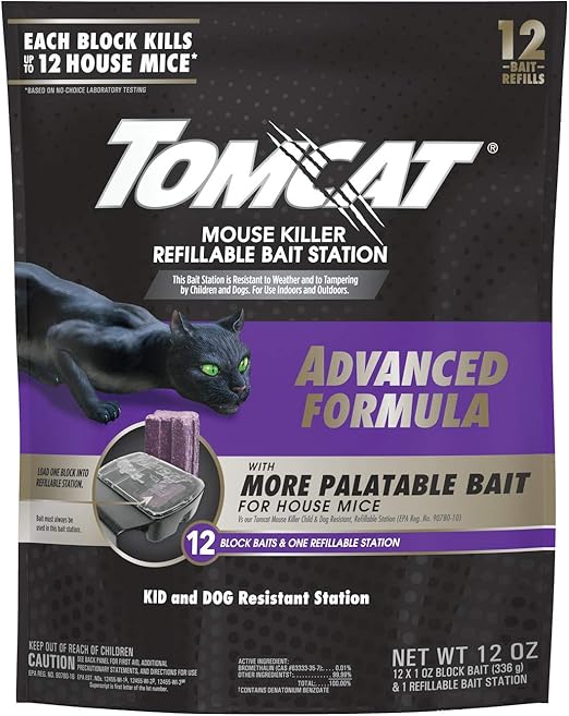 Tomcat Mouse Killer Refillable Bait Station with Advanced Formula Bait, 1 Station and 12 Poison Block Refills