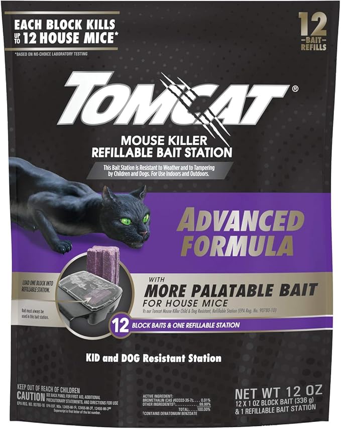 Tomcat Mouse Killer Refillable Bait Station with Advanced Formula Bait, 1 Station and 12 Poison Block Refills