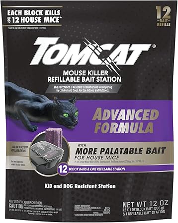 Tomcat Mouse Killer Refillable Bait Station with Advanced Formula Bait, 1 Station and 12 Poison Block Refills