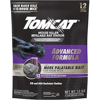 Tomcat Mouse Killer Refillable Bait Station with Advanced Formula Bait, 1 Station and 12 Poison Block Refills