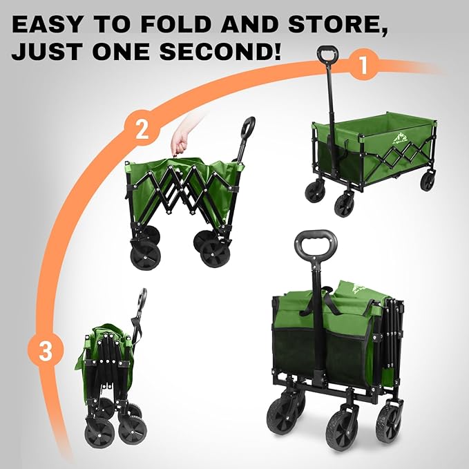 Collapsible Wagon 352LBS Capacity, Foldable Large Wagons Carts, Heavy Duty Outdoor Folding Wagon with All-Terrain Wheels, Utility Garden Beach Wagon with Storage Bag Green