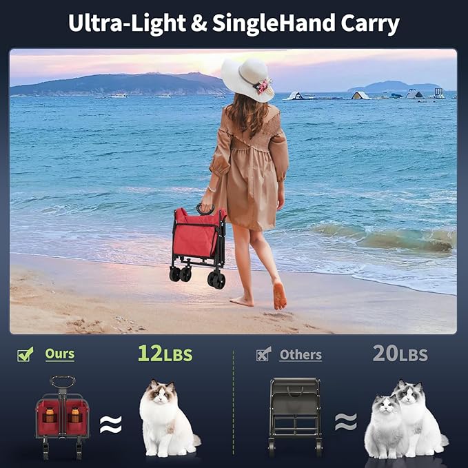 Wagons Carts Foldable, Garvee Utility Collapsible Wagon with All-Terrain Wheels, Drink Holders & Adjustable Handle, 220 LBS Portable Grocery Wagon for Shopping, Camping, Garden -Red