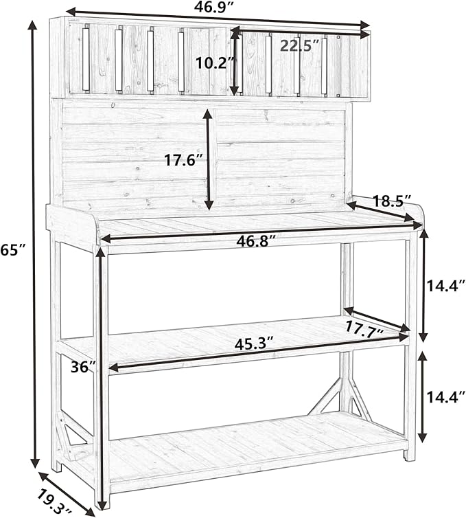 65" Large Farmhouse Potting Benches for Outside, Garden Potting Table with 4 Storage Shelves, Garden Bench with 3 Side Hooks, Patio Workstation Garden Storage Bench (Natural, 65")