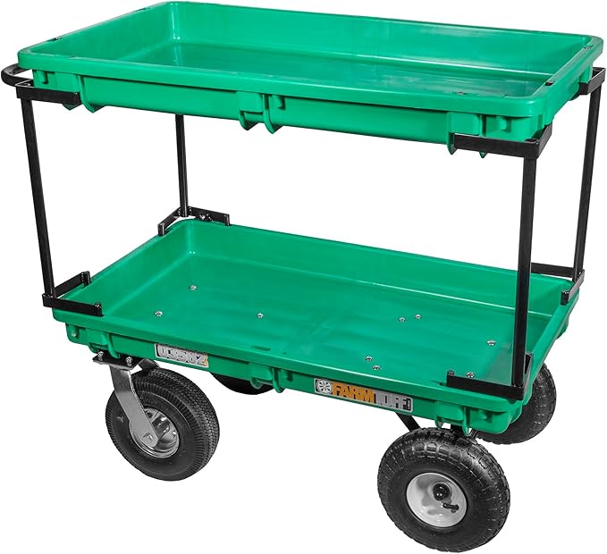FARM-TUFF Double-Tier Plastic Garden Wagon, 37" x 20" - Heavy-Duty Poly Utility Cart with Pneumatic Tires, 300lb Capacity & Powder-Coated Frame for Gardening, Landscaping & Greenhouses
