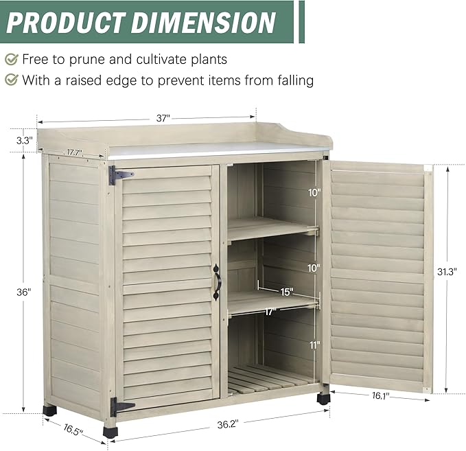Gray Outdoor Potting Bench with Metal Work Top & Vented Louvered Doors,Waterproof Garden Storage Cabinet,Wooden Tool Station Shed for Backyard,Patio,Lawn Gardening