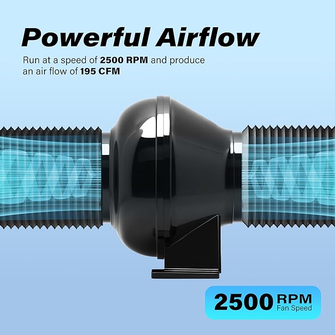 HealSmart 4 Inch 195 CFM Exhaust Inline Duct Fan Quiet Vent Booster Blower for Indoor Grow Tent Hydroponics Ventilation, Black