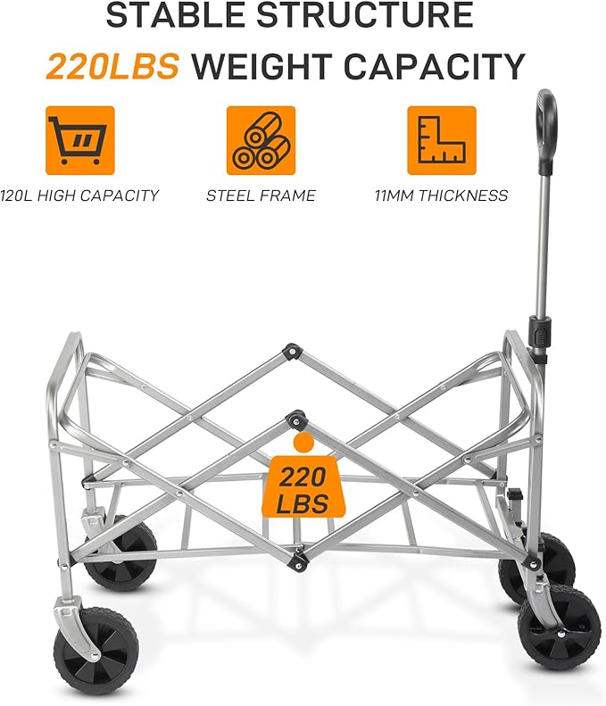 Collapsible Foldable Wagon with 220lbs Weight Capacity,Heavy Duty Folding Utility Garden Cart with All-Terrain Beach Wheels & Drink Holders for Grocery Outdoor Beach Gardening Shopping (Black)