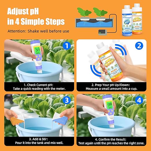 Hydroponics pH Up & Down Control Kit (8.45oz/250ml) Accurate pH Adjustment for Hydroponics, Soil, and Aquaponics Systems