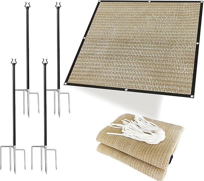 4-Pack of Posts and A Sunshade Cover for Plants – 50% Shade Cloth with Stainless-Steel Grommets for Garden Sun Shade, Greenhouse, Chicken Coop, Dog Kennel (Custom Size 6' x 8')