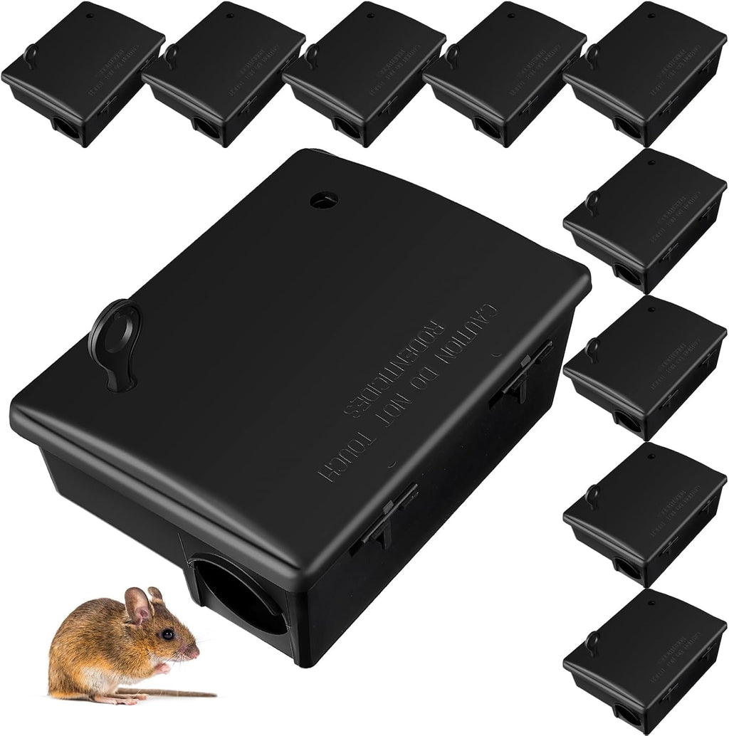 Qualirey 4 Pack Rat Bait Stations Large Rodent with Key Reusable Mouse Stations Mice Blocks Heavy Duty Boxes for Outdoor Rodents Mice Blocks, Bait Not Included, Black (9.8 x 7.5 x 3.9 Inches)