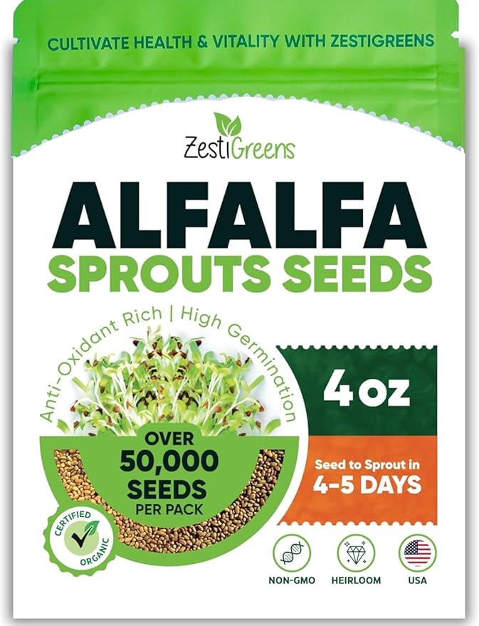 Premium USA Alfalfa Seeds for Sprouting & Microgreens with High Germination Rate. (4oz)