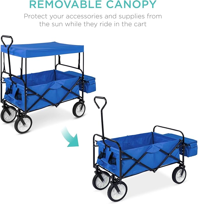 Best Choice Products Collapsible Folding Outdoor Utility Wagon with Canopy Garden Cart for Beach, Picnic, Camping, Tailgates w/Removable Canopy, Detachable Pockets, 150lb Weight Capacity - Blue