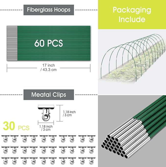 60 PCS Garden Hoops for Raised Beds, Rifny 10 Sets Greenhouse Hoops Kit of 8 FT Long Grow Tunnel, Rust-Free Fiberglass Garden Support Poles for Insect Mesh Netting Freeze Plant Cover (Green)