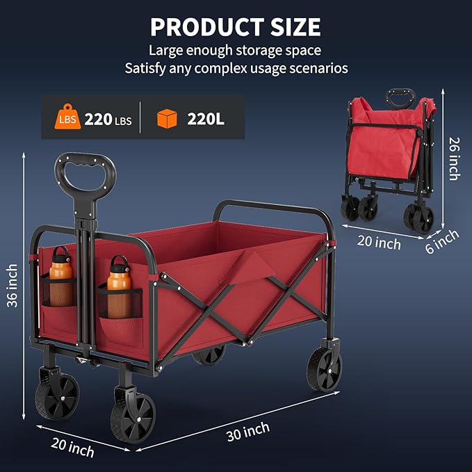 Wagons Carts Foldable, Garvee Utility Collapsible Wagon with All-Terrain Wheels, Drink Holders & Adjustable Handle, 220 LBS Portable Grocery Wagon for Shopping, Camping, Garden -Red