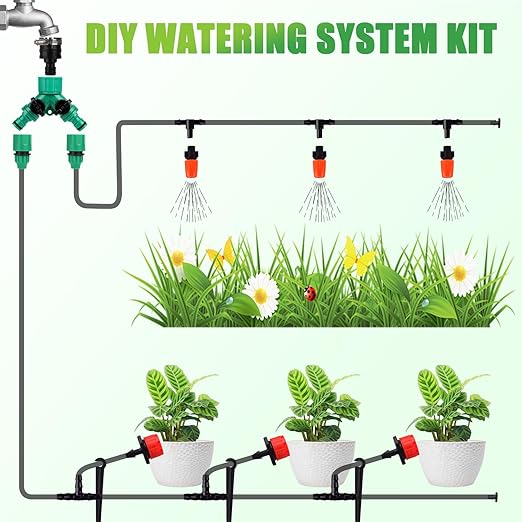164FT Drip Irrigation System, 192Pcs Automatic Garden Watering System with Adjustable Misting Nozzle Sprinkler, 1/4 inch Blank Distribution Tubing Watering Drip Kit for Greenhouse, Patio, Lawn (164FT)