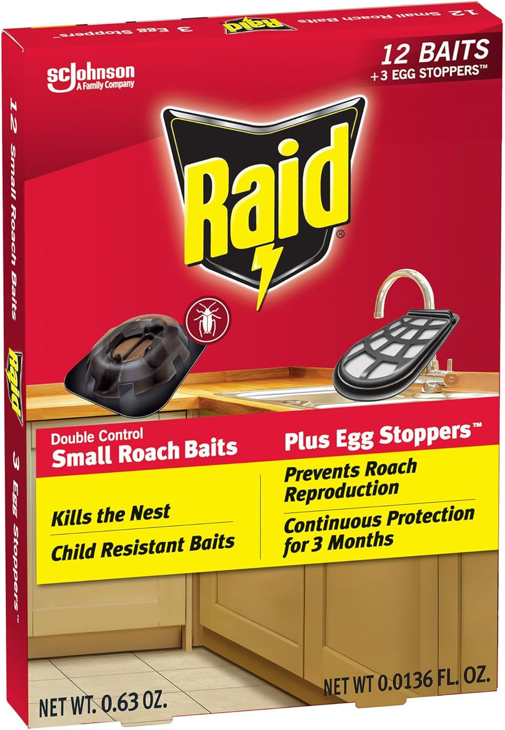 Raid Double Control Small Roach Baits, Plus Egg Stoppers, Child Resistant, For Indoor Use, Kills Roaches for 3 Months, 12 Count