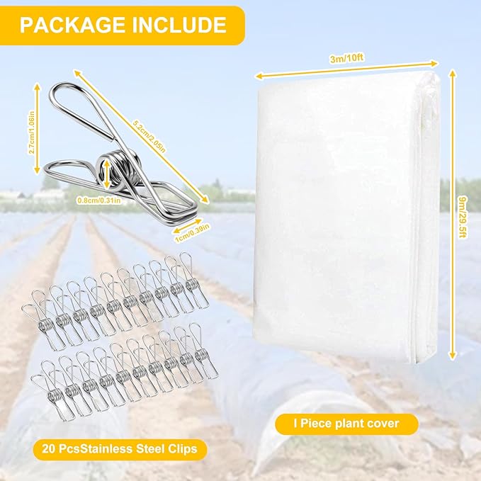 Plant Covers Freeze Protection with 20 Stainless Steel Clips, 10 x 29.5Ft Frost Cloth Plant Blankets Floating Row Cover for Outdoor Plants Raised Bed Greenhouse