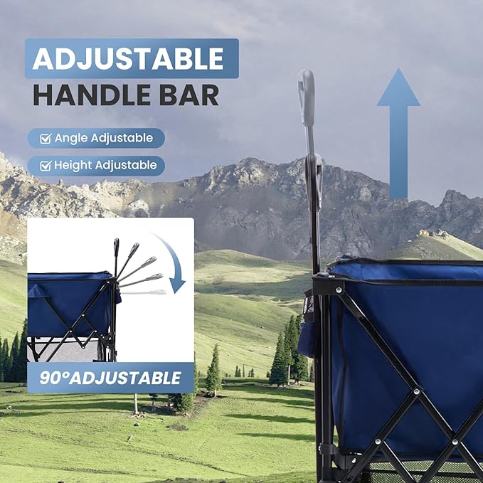 NEWBULIG Large Capacity Folding Double Decker Wagon with Brakes, 440lbs Wagons Carts Foldable Wagon Cart with Flexible Handle, All-Terrain Big Wheels for Grocery Sports Garden Camping