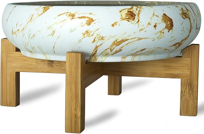 Succulent Pots with Drainage, 10 Inch Large Succulent Planters with 2.2lb Mix Pebbles, Planting Tools Set for Beginner, Shallow Marble Bonsai Pot with Stand Ceramic Pot for Indoor Cactus Flower Plants