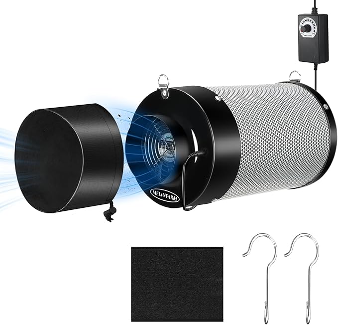 MELONFARM 4 inch Air Carbon Filter Smelliness Control with Australia Virgin Charcoal, Built-in 14cm Fan Low Nois and Speed Controller for Inline Duct Fan, Grow Tent, Vent Cover & Pre-Filter Included