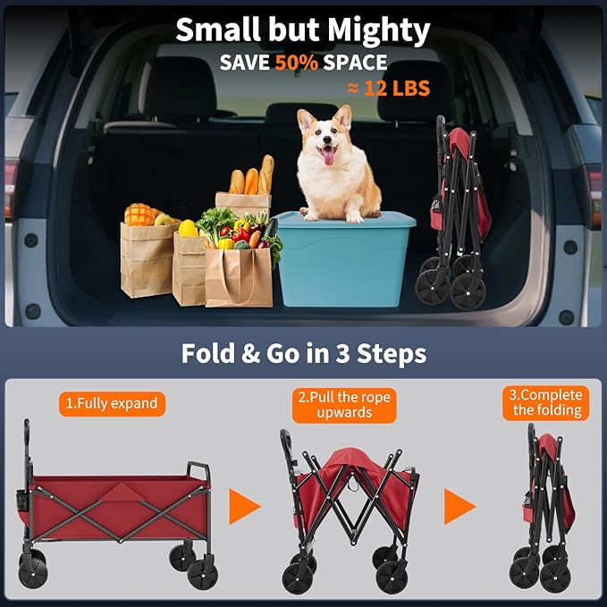Wagons Carts Foldable, Garvee Utility Collapsible Wagon with All-Terrain Wheels, Drink Holders & Adjustable Handle, 220 LBS Portable Grocery Wagon for Shopping, Camping, Garden -Red