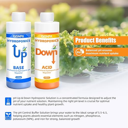 pH Down & pH Up for Hydroponics, pH Control Kit for Hydroponic Nutrients – 250ml pH Down and 250ml(8.45oz/250ml Each) pH Up with 2×50ml Beakers for Nutrient Water pH Adjustment