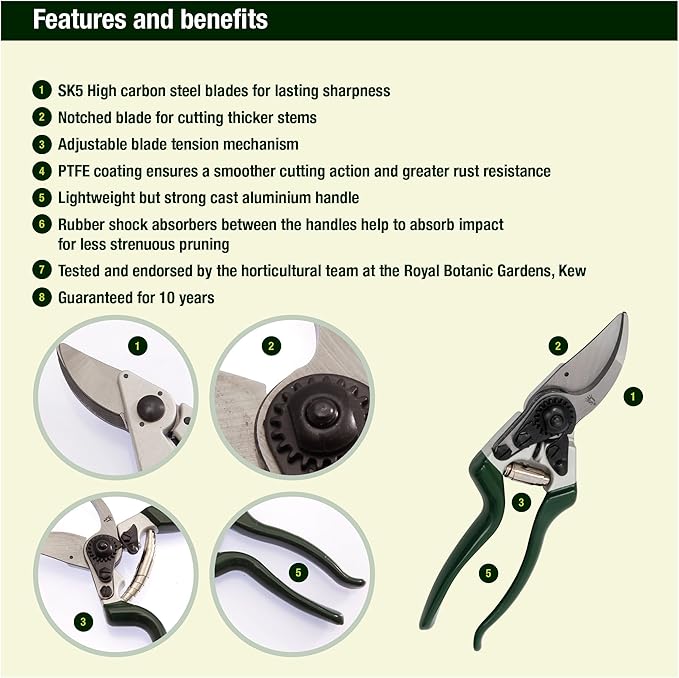 Spear & Jackson Razorsharp Left-Handed Bypass Pruners, Precision Gardening Shears with Carbon Steel Blades for Clean, Effortless Cuts