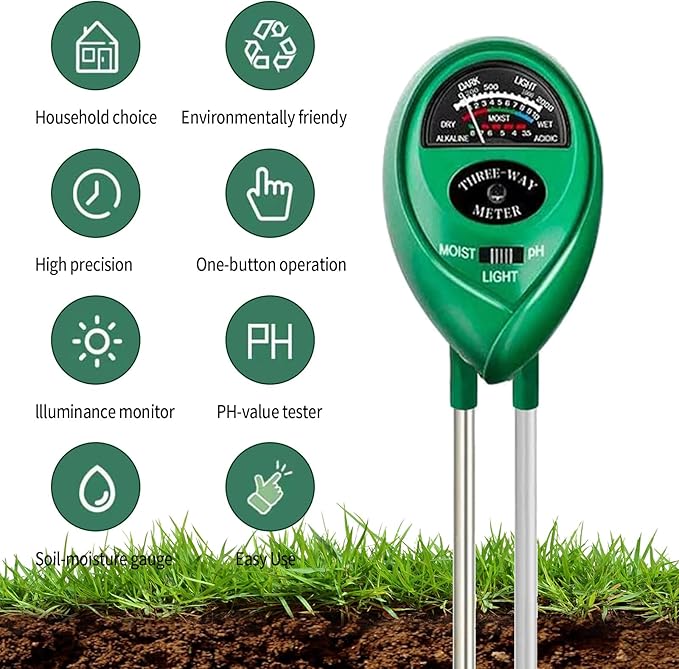 Soil Tester for Garden, Soil pH Meter 3-in-1 Soil Test Meter for Moisture/Lighting/pH, Soil Moisture Meter for Potting Soil, Farm, Lawn, No Battery Required