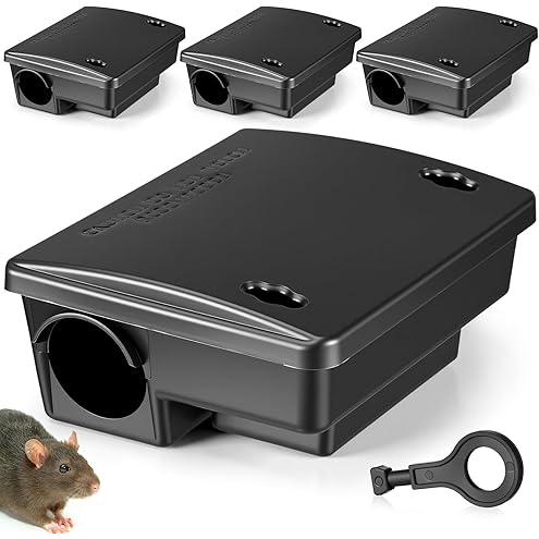 Qualirey 4 Pack Rat Bait Stations Large Rodent with Key Reusable Mouse Stations Mice Blocks Heavy Duty Boxes for Outdoor Rodents Mice Blocks, Bait Not Included, Black (9.8 x 7.5 x 3.9 Inches)
