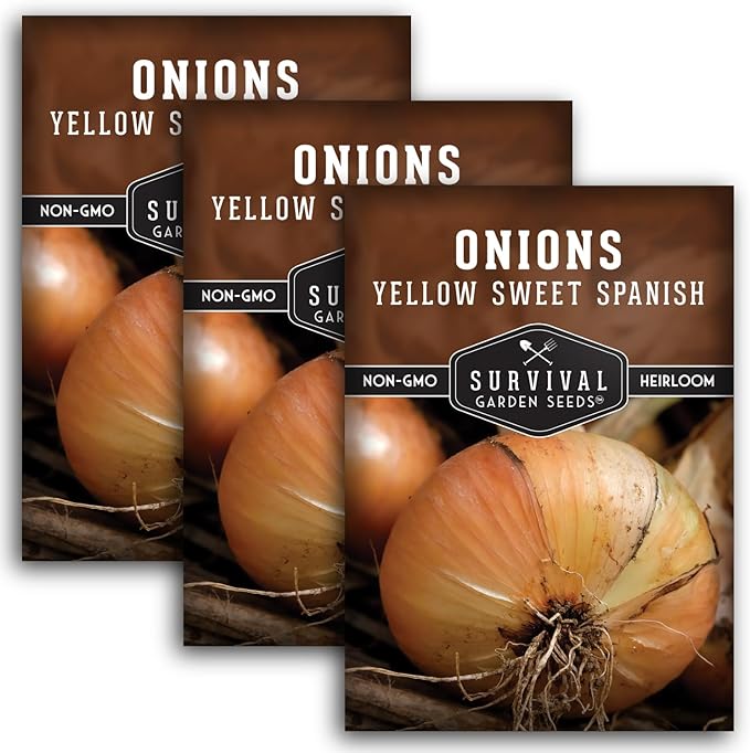 Yellow Sweet Spanish Onion Seeds for Planting – Large Mild Long Day Yellow Onions with High Yield & Sweet Flavor – Heirloom, Non-GMO, Open-Pollinated – Survival Garden Seeds (3 Packs)