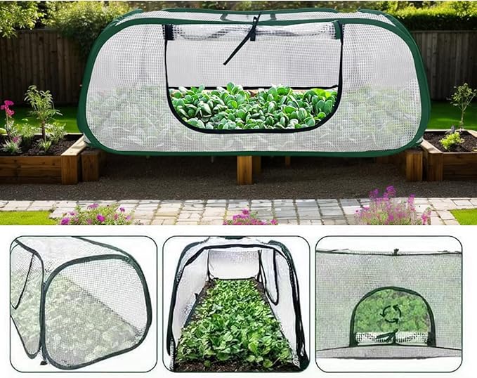 Collapsible Pop-Up Mesh Plant Greenhouse Cover with Side Window Protector Cage, Raised Beds Row Netting, Animal/Insect Barrier with Stakes for Fruits, Vegetables & Seedlings