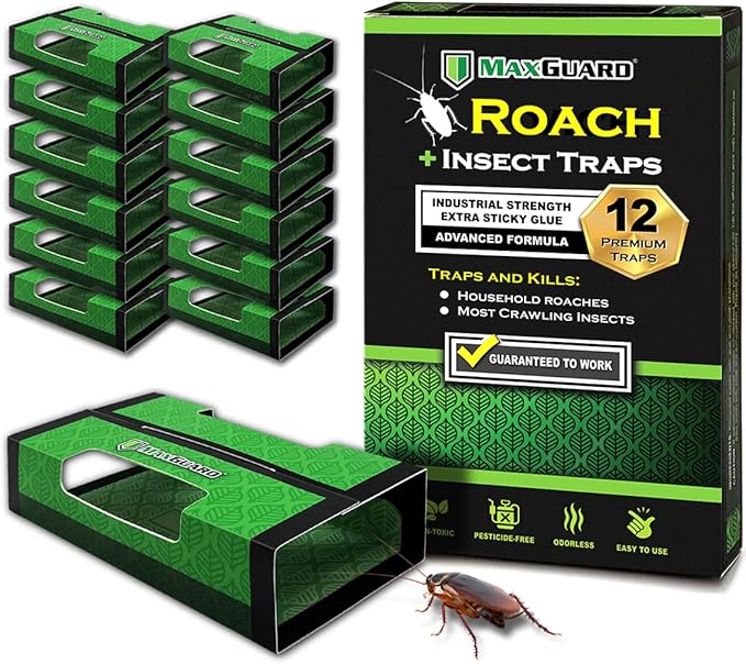 MaxGuard Roach + Spider Traps (12 Per Box) Non-Toxic Extra Sticky Box Traps | Kill German Cockroach, American and Oriental Plus Crawling Bugs & Insects House