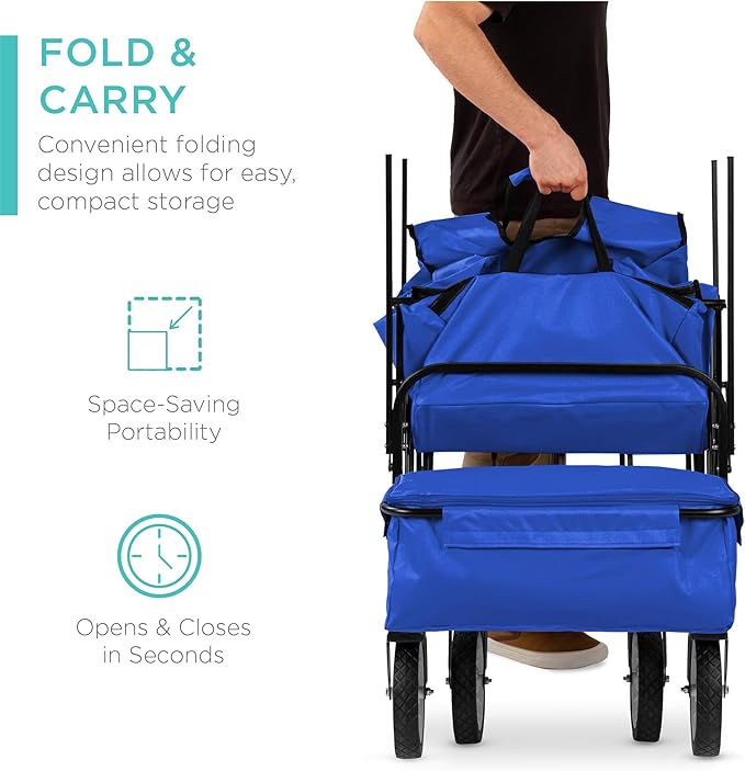 Best Choice Products Collapsible Folding Outdoor Utility Wagon with Canopy Garden Cart for Beach, Picnic, Camping, Tailgates w/Removable Canopy, Detachable Pockets, 150lb Weight Capacity - Blue